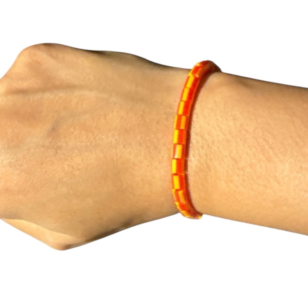 3 FOR $20 HANDCRAFTED Red & Orange Striped Fuse Beaded Stretch Bracelet